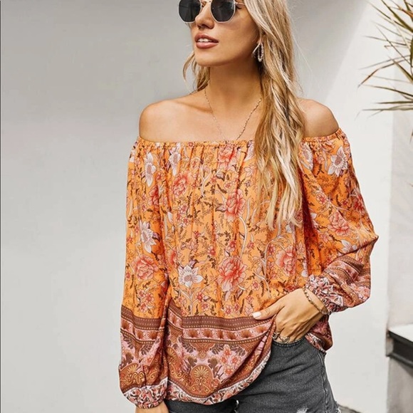 Boho floral print off shoulder blouse- Yellow - Picture 9 of 12